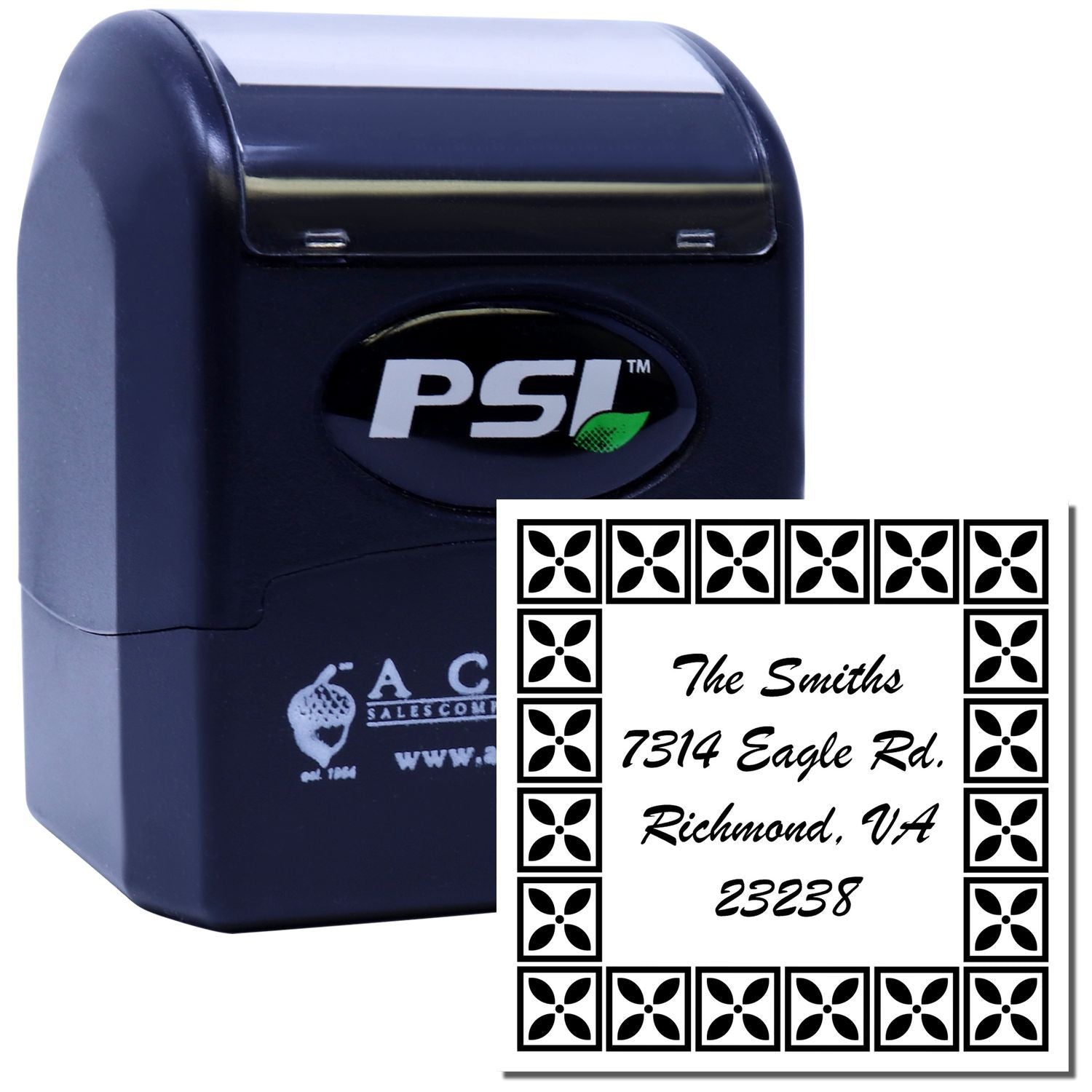 Custom PSI self-inking rubber address stamp with decorative border for The Smiths, Richmond, VA 23238