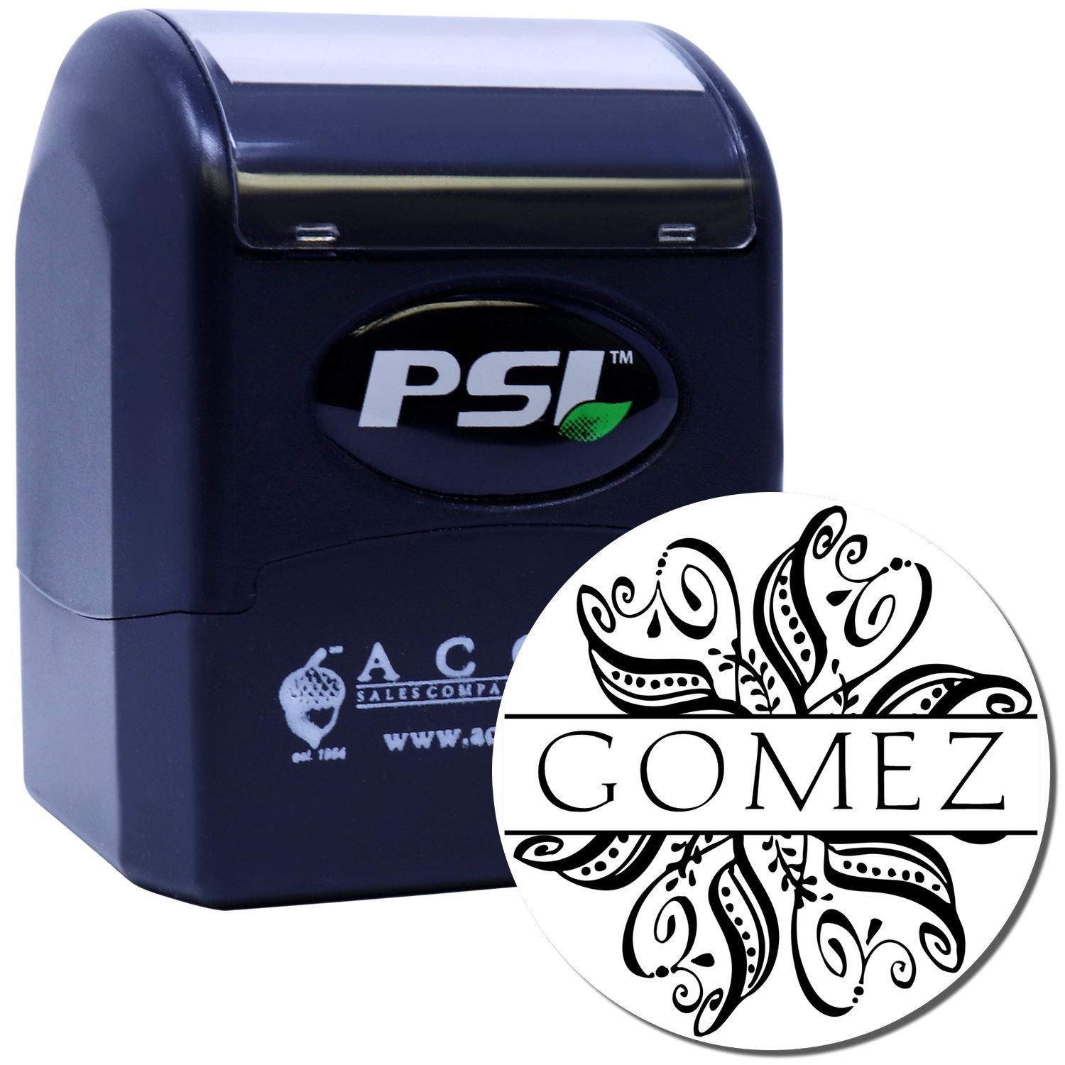 Custom self-inking rubber stamp with ornate Gomez design, ideal for personalized business or address stamping.
