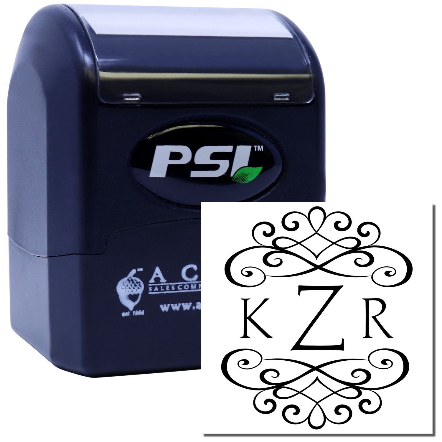 Custom PSI self-inking rubber stamp with ornate KZR monogram, ideal for personalized business, wedding, or stationery use.