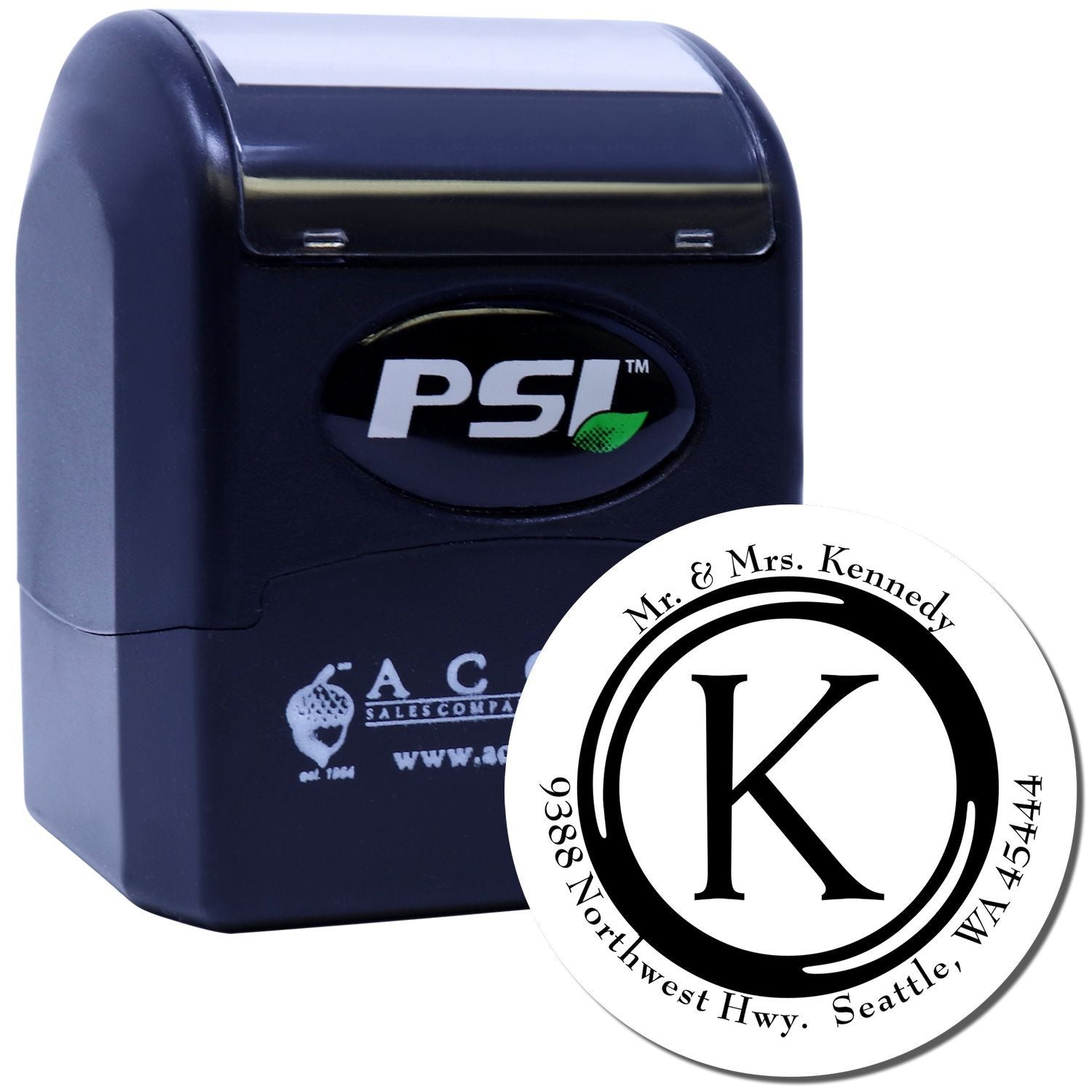 Custom self-inking address stamp by PSI with monogram K, ideal for Mr. & Mrs. Kennedy return address use.