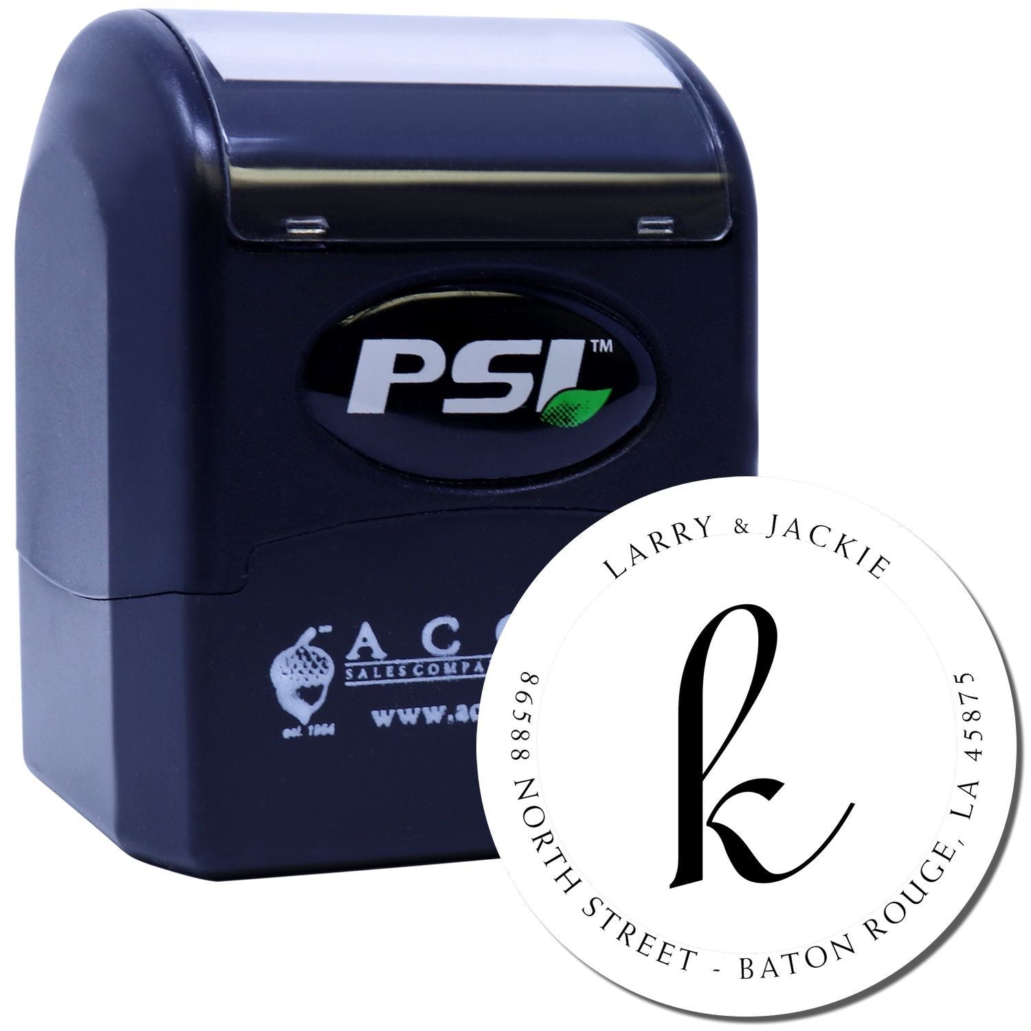 PSI self-inking rubber stamp with custom monogram return address design for personalized mailing and correspondence.