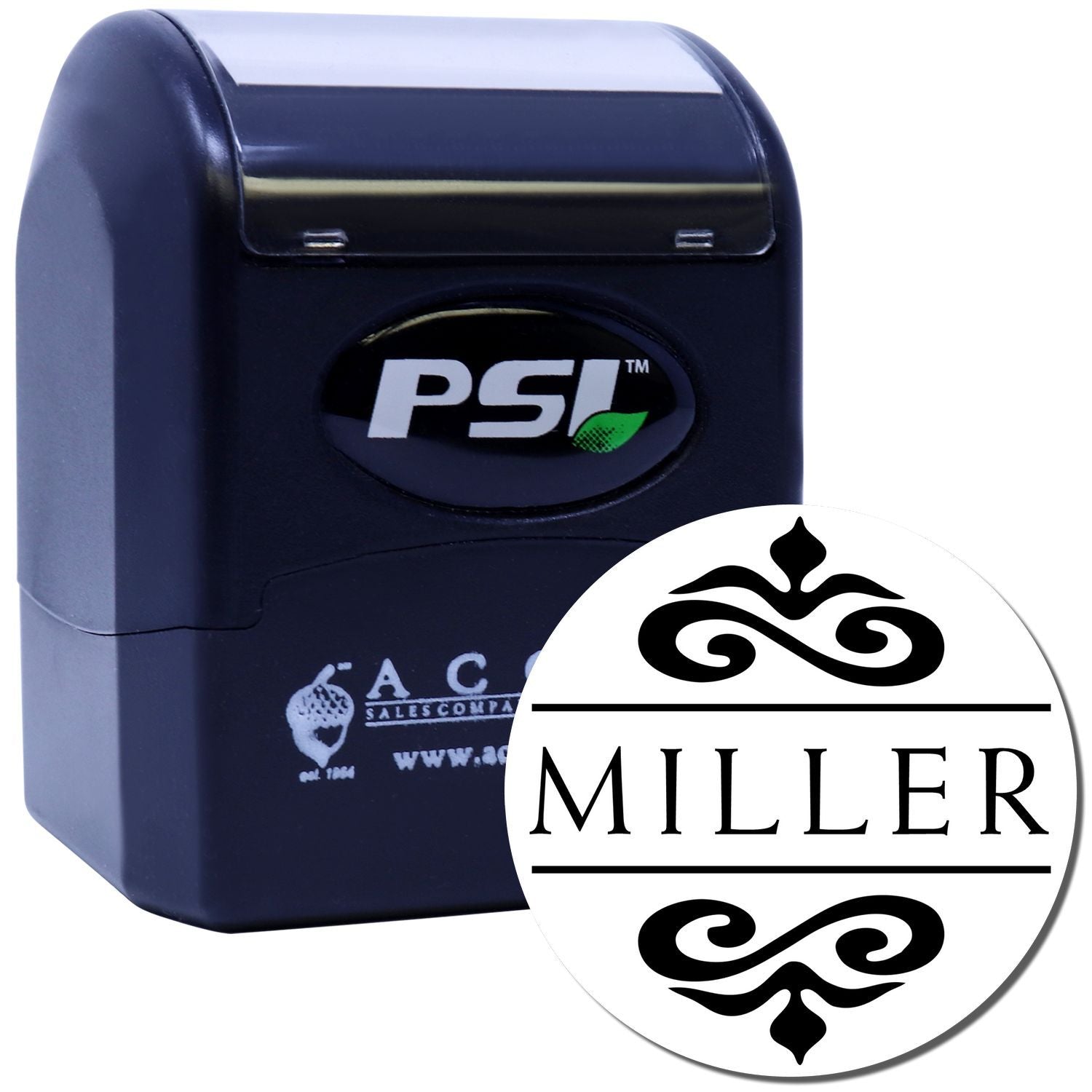 PSI self-inking rubber stamp with custom Miller monogram design for personalized business or return address use.