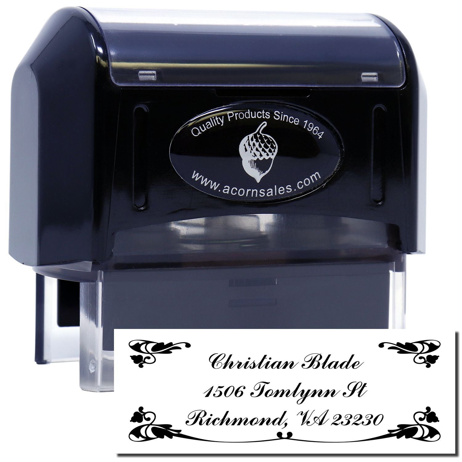 Custom self-inking rubber address stamp with personalized name and return address imprint