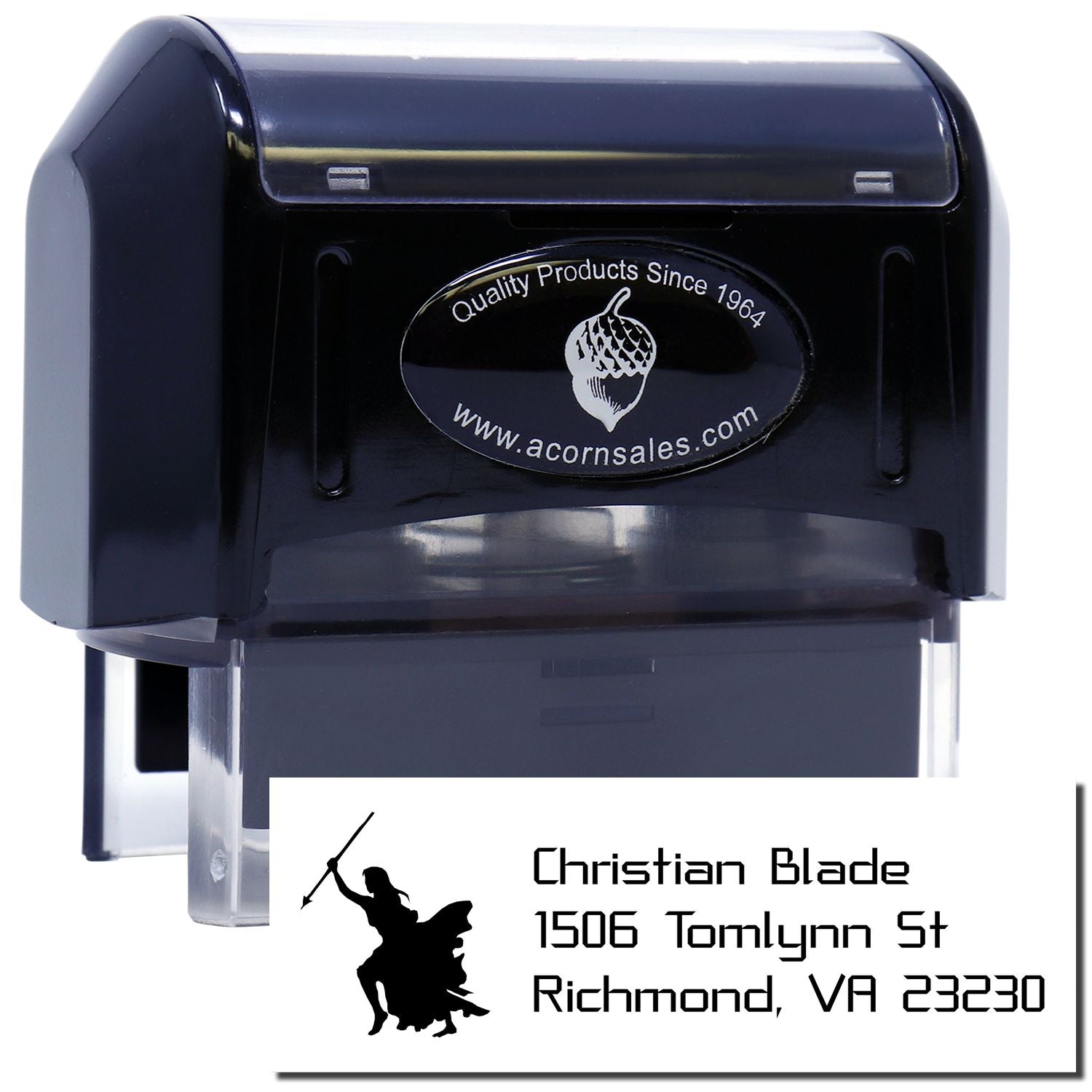 Custom self-inking return address rubber stamp with Christian Blade name and Richmond, VA address.