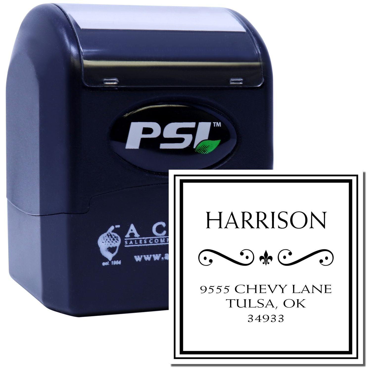 PSI self-inking custom address rubber stamp with Harrison name and Tulsa, OK return address design