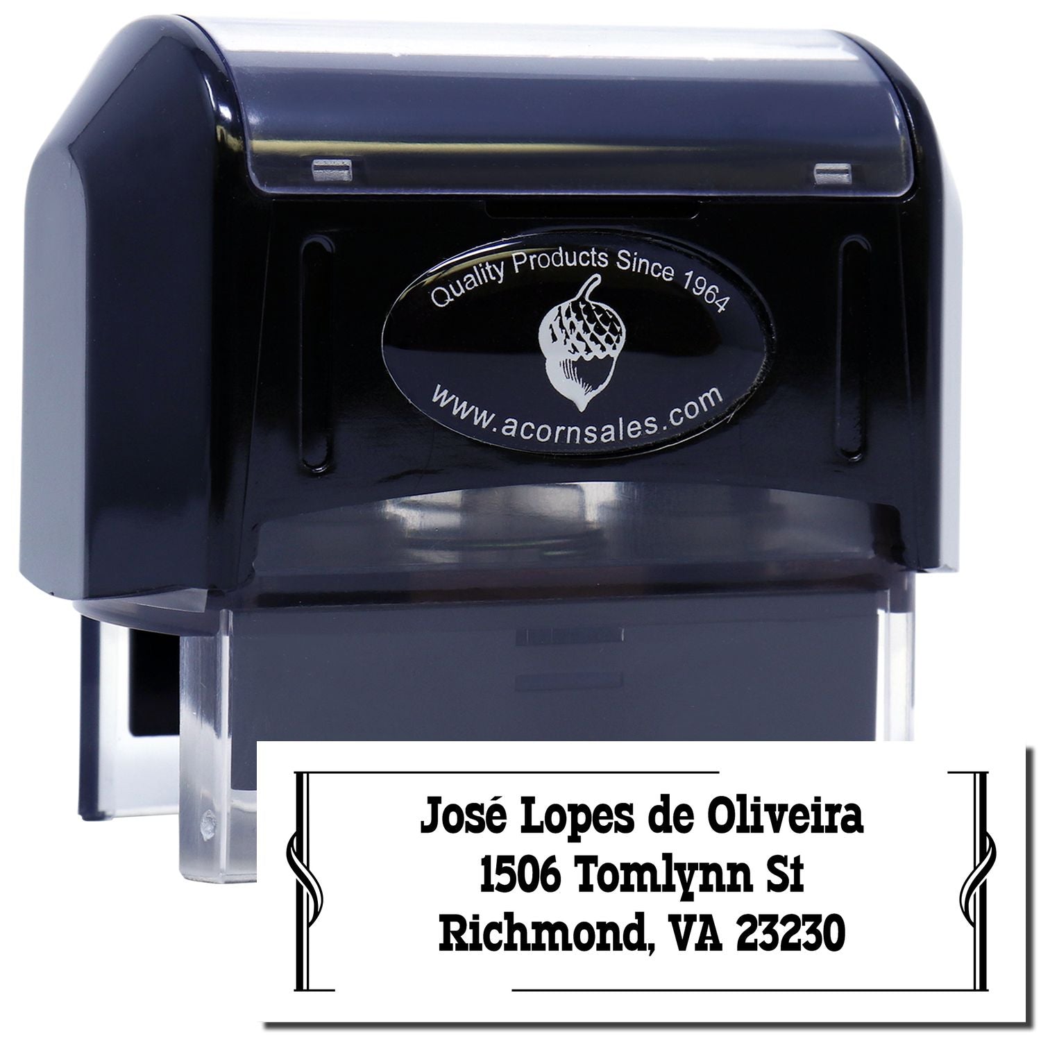 Custom self-inking address rubber stamp with sample imprint for Jos Lopes de Oliveira, Richmond, VA 23230
