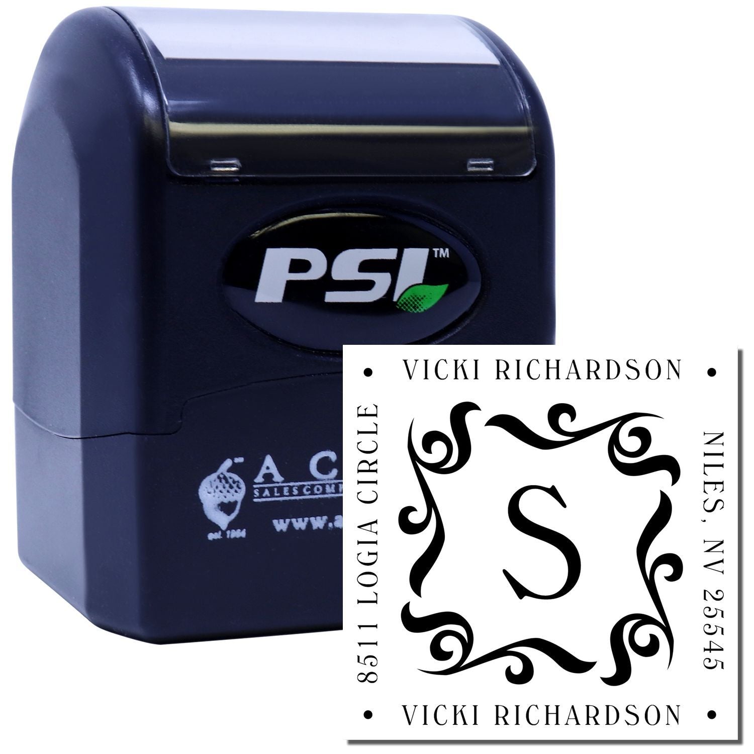 Custom PSI self-inking return address rubber stamp with monogram for Vicki Richardson, Niles, NV 25545.