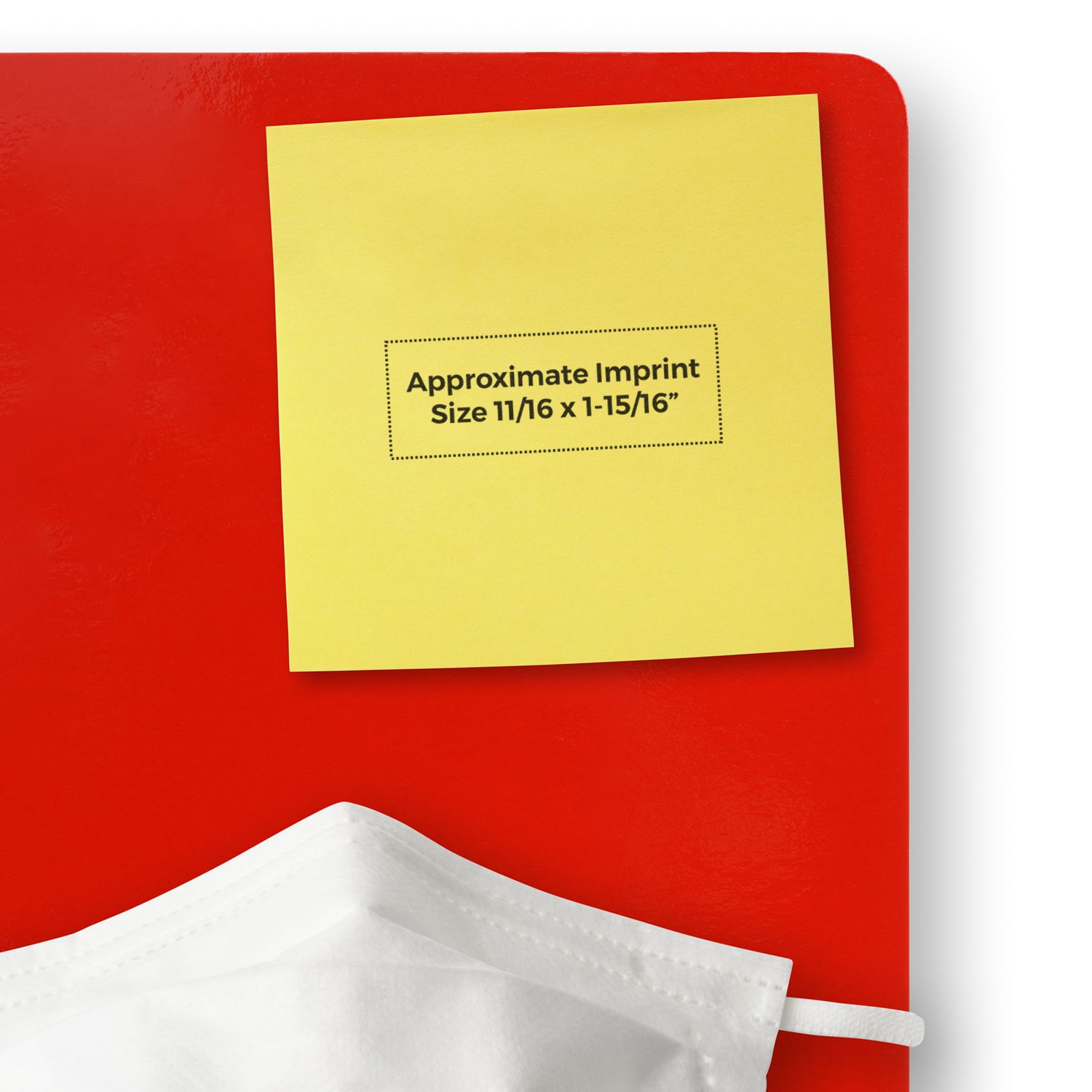 Red clipboard with yellow sticky note showing approximate imprint size and white face mask on bottom.