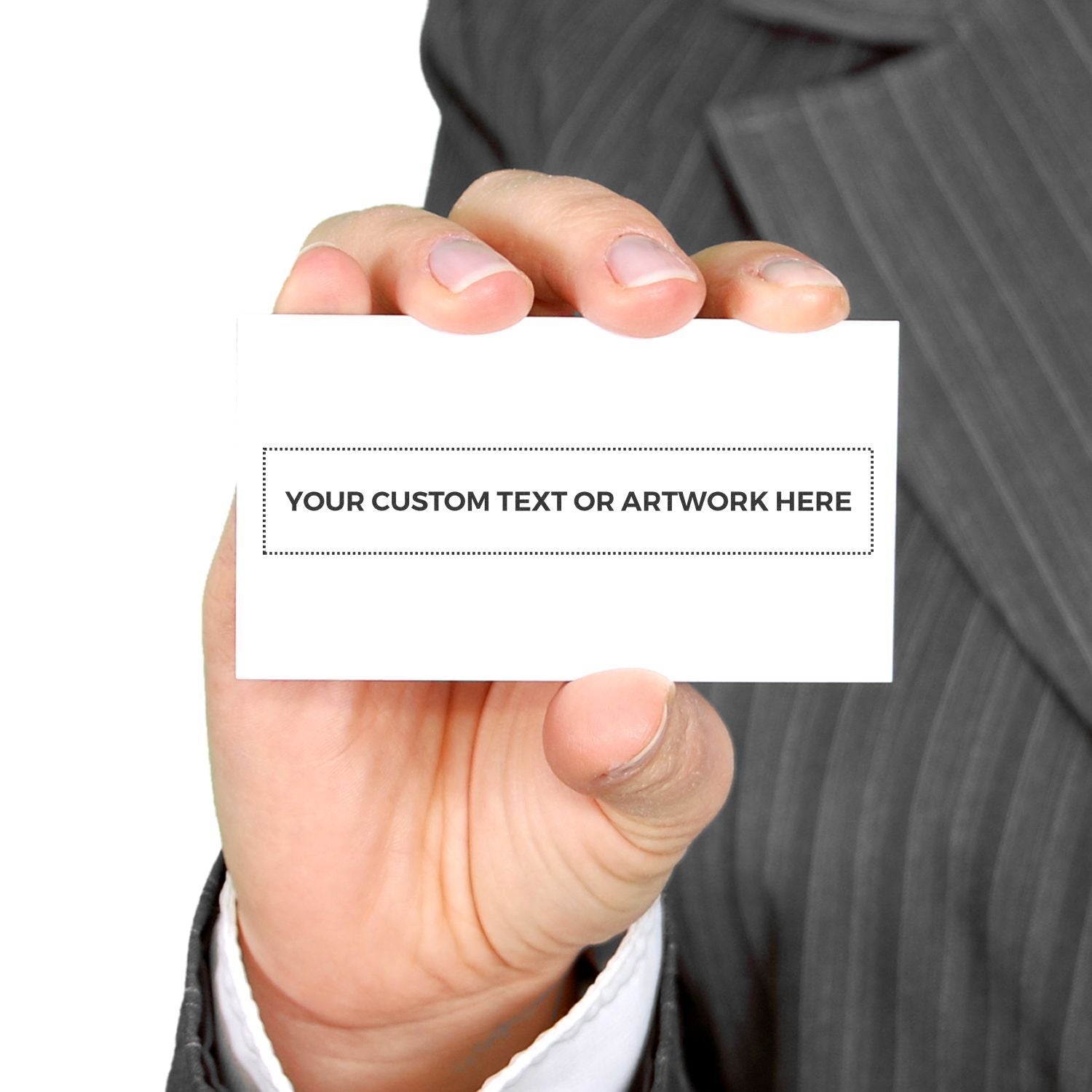 Hand holding a custom business card template with placeholder text for branding, printing, and marketing promotions.