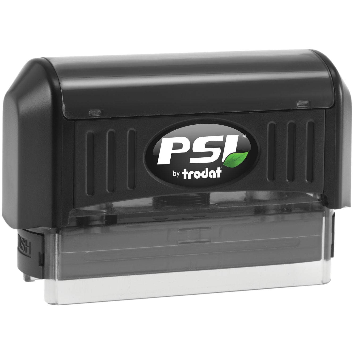 PST by Trodat self-inking stamp close-up, showing logo and clear ink base for office document marking.