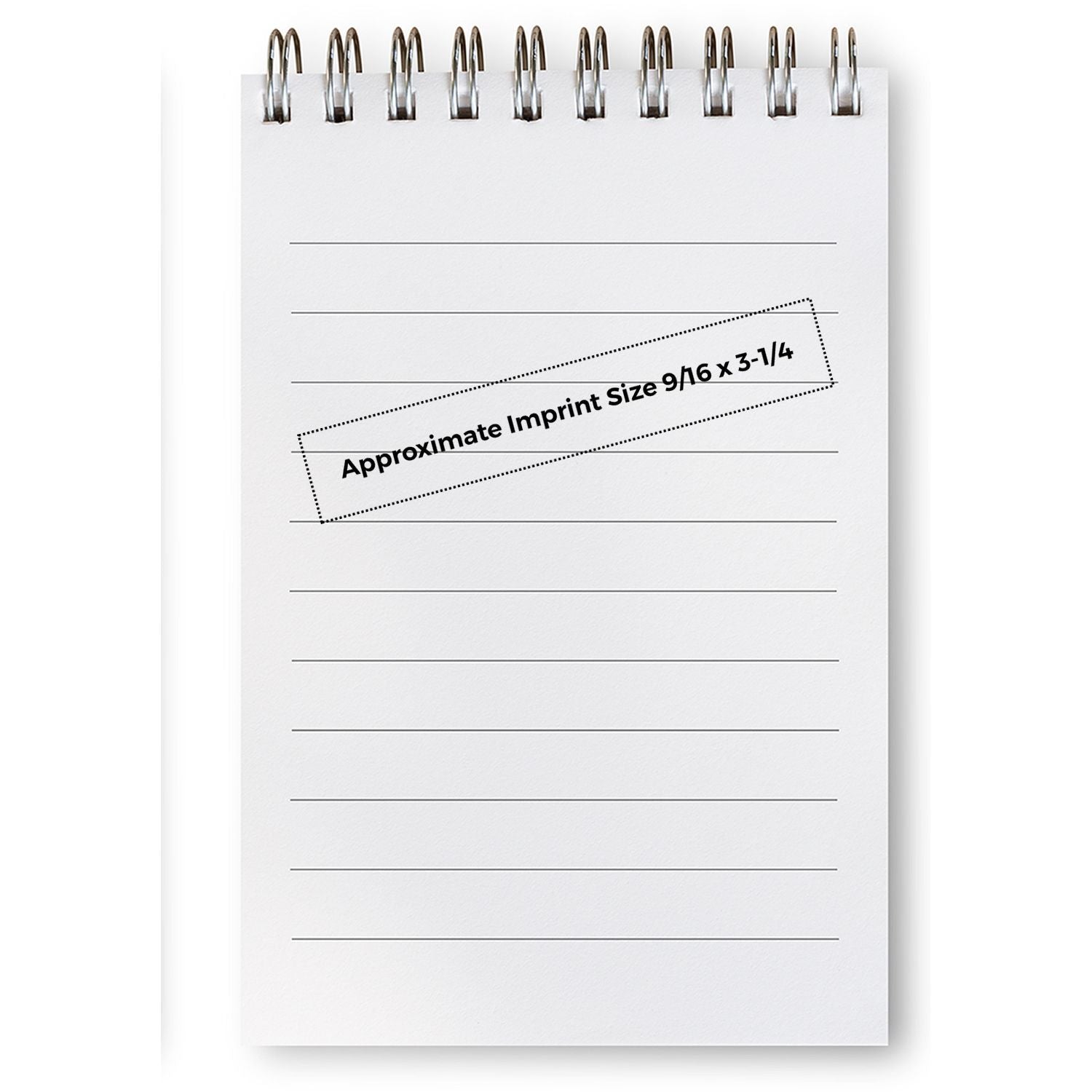Notebook template with approximate imprint size 9/16 x 3-1/4, showing branding area for custom logo printing on promotional notebooks