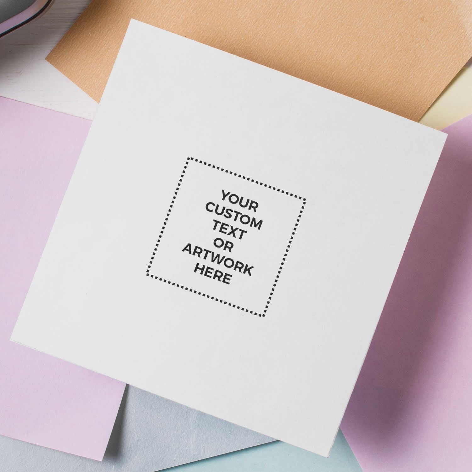 Printable greeting card mockup template with Your Custom Text or Artwork Here placeholder for custom design