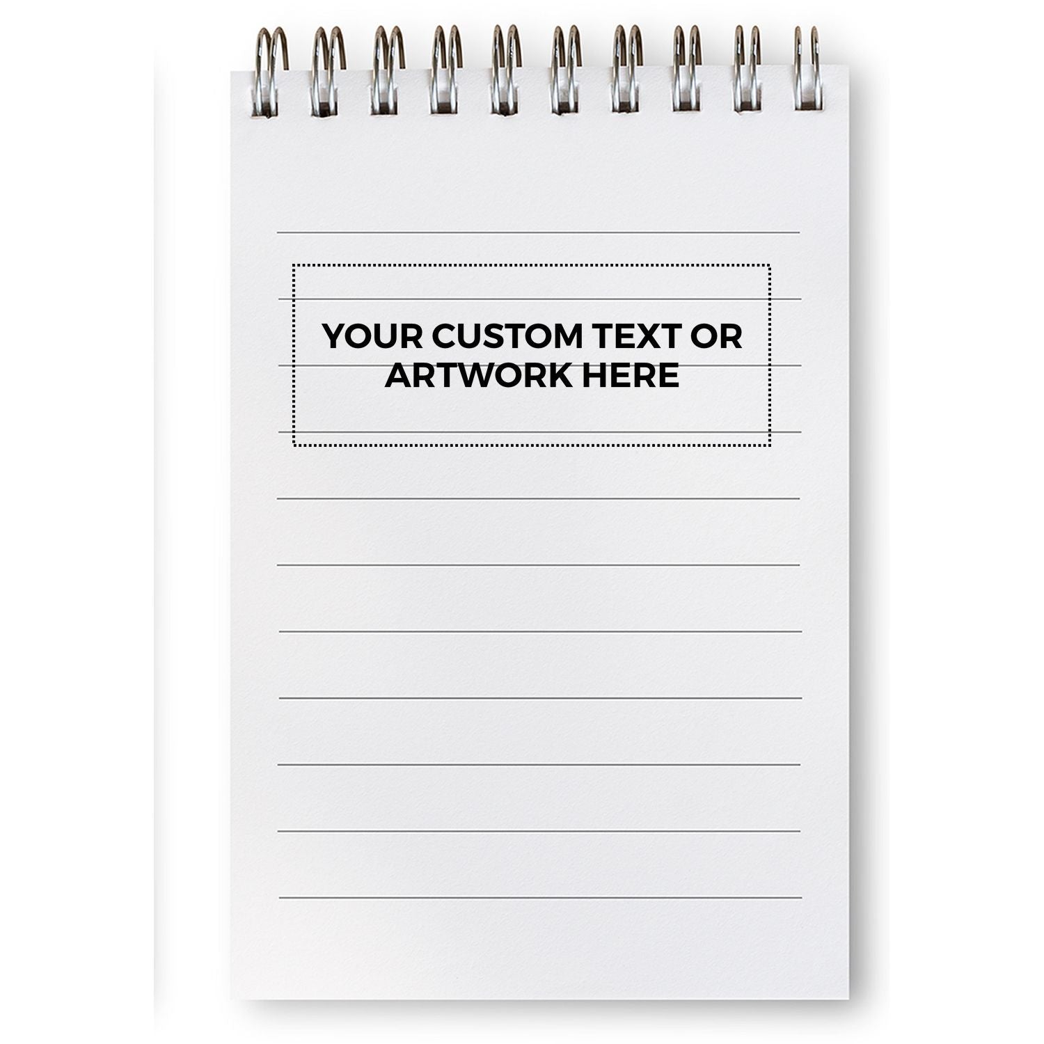Custom text or artwork placeholder on a blank lined notebook page, secured with binder clips for printing and design mockups