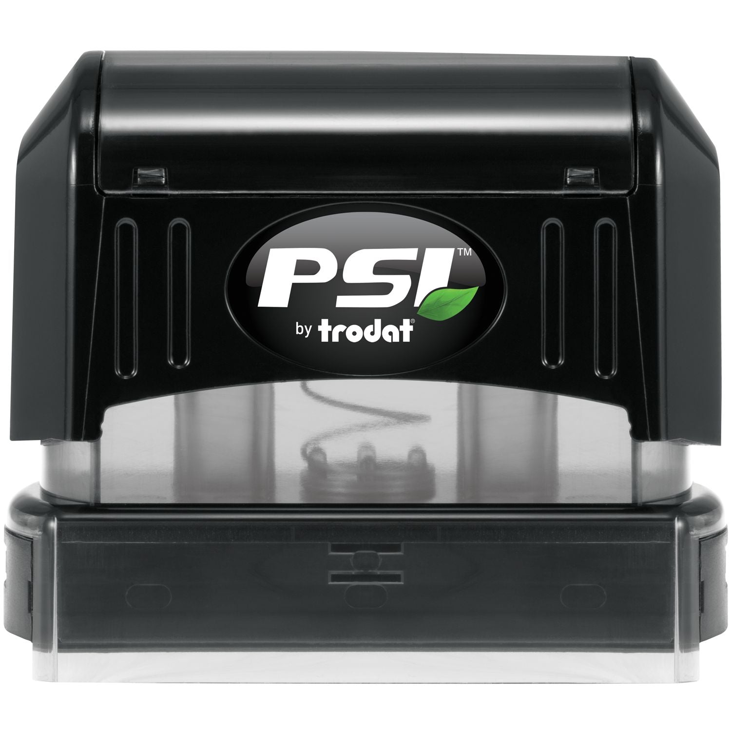 Trodat PSI self-inking stamp top with PSI by trodat logo on black casing, showing branding for office stamping tools