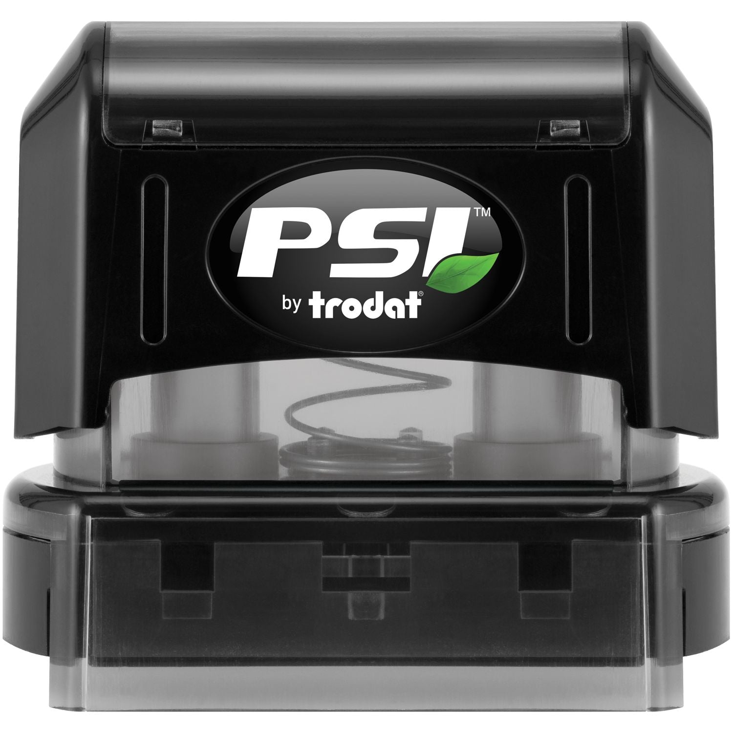 Trodat PSI self-inking stamp with PSI by trodat logo on the stamp pad base, used to imprint office documents quickly.