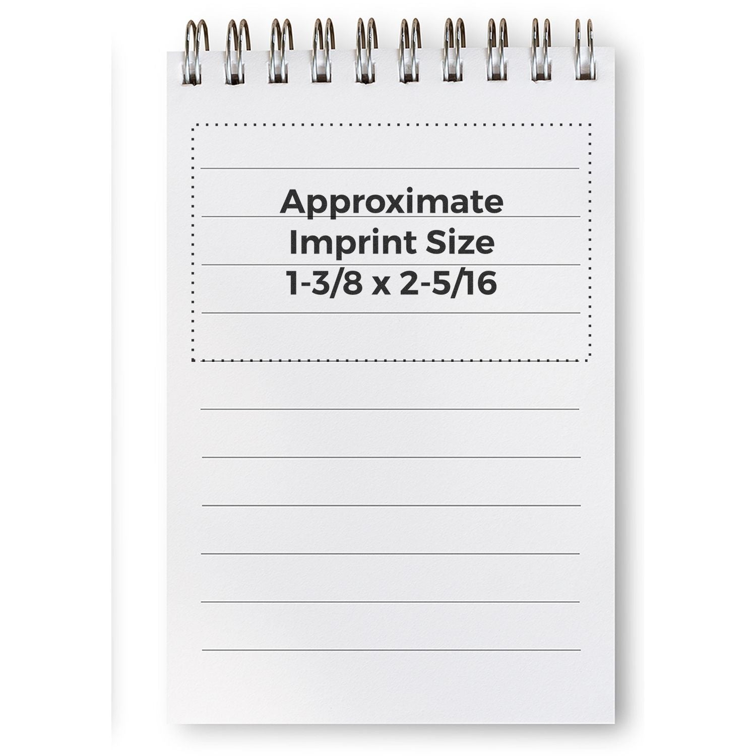 Notepad graphic showing approximate imprint size for custom printing: 1-3/8 x 2-5/16 inches for accurate logo placement.