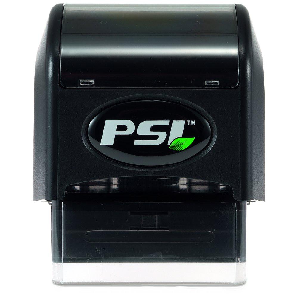 PSI black self-inking rubber stamp for custom office documents and branding