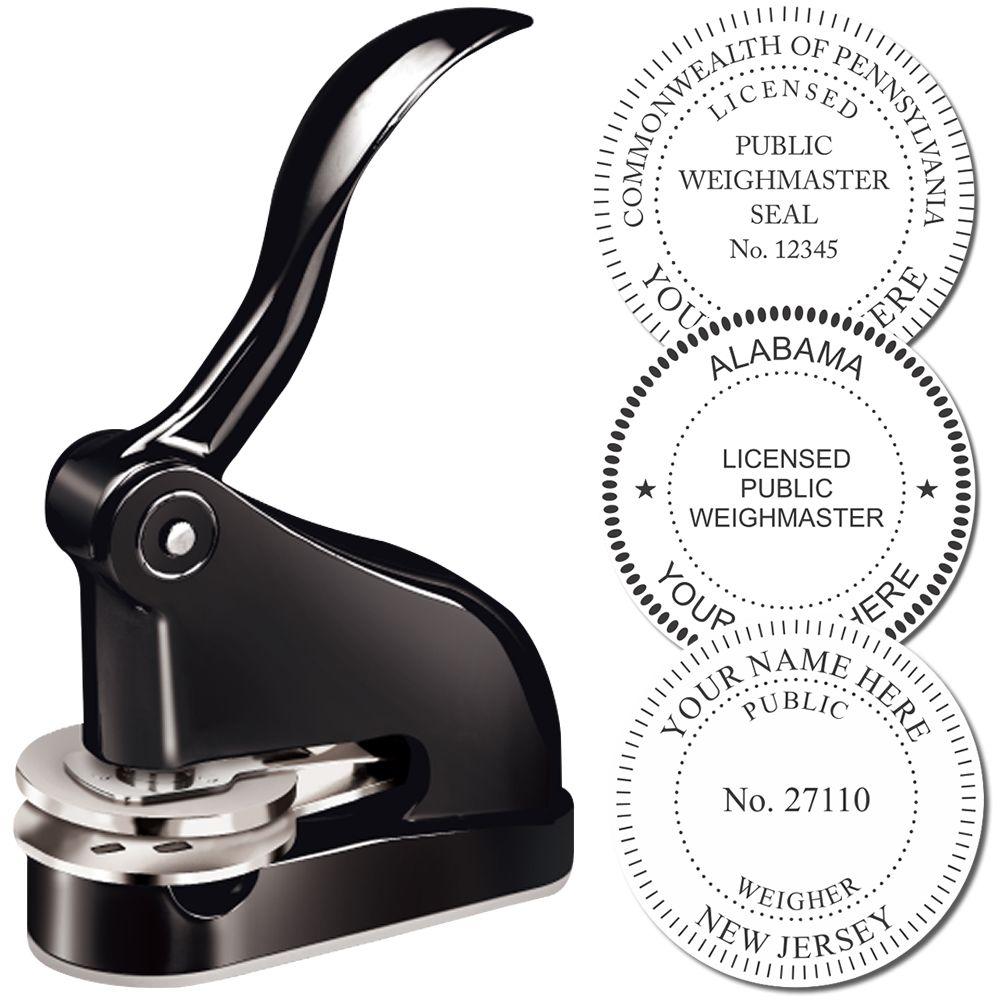 Heavy-duty licensed public weighmaster embosser stamp with custom seal examples for Pennsylvania, Alabama, and New Jersey.