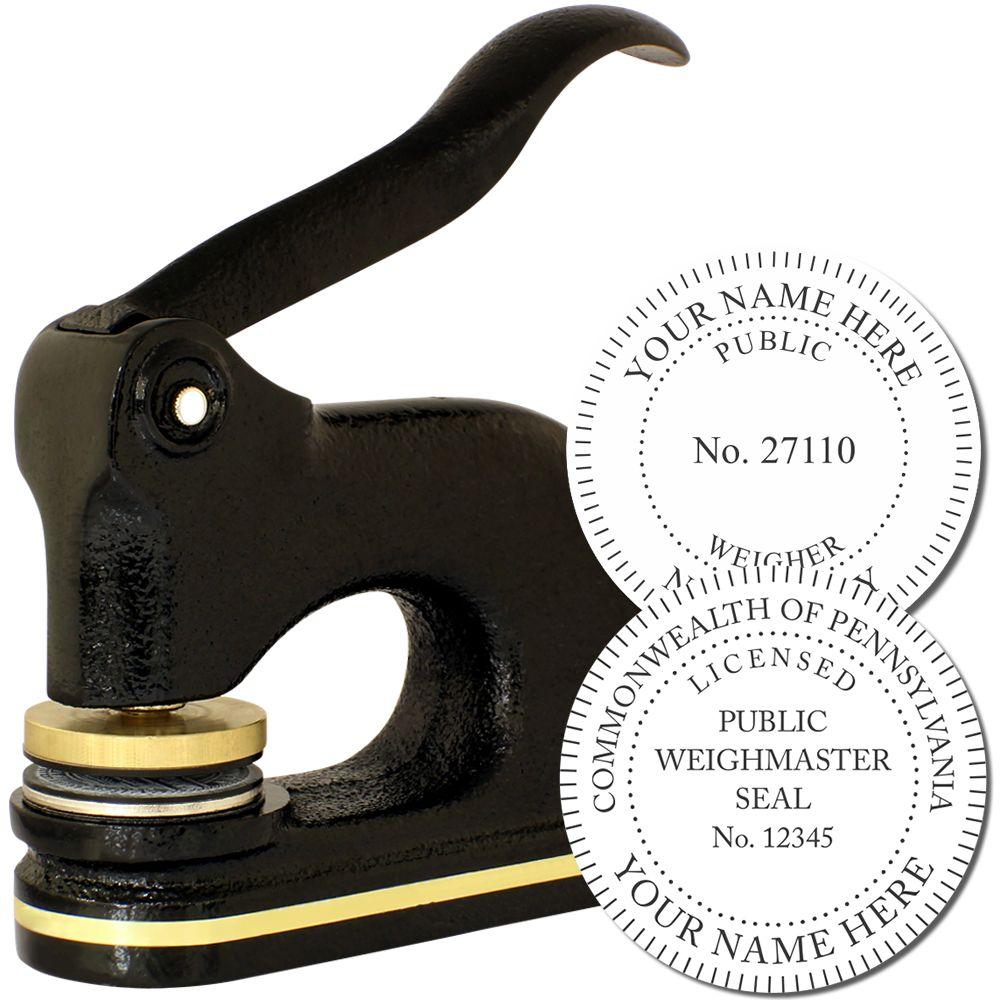 Black metal public weigher embosser stamp with custom Commonwealth of Pennsylvania seal design and name plate insert