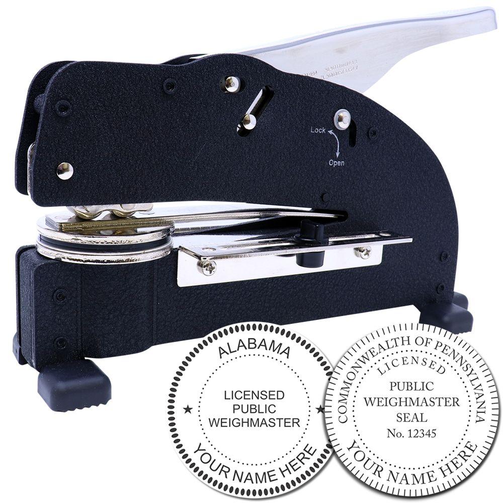 Heavy-duty public weighmaster seal embosser with custom Alabama and Pennsylvania licensed seal designs