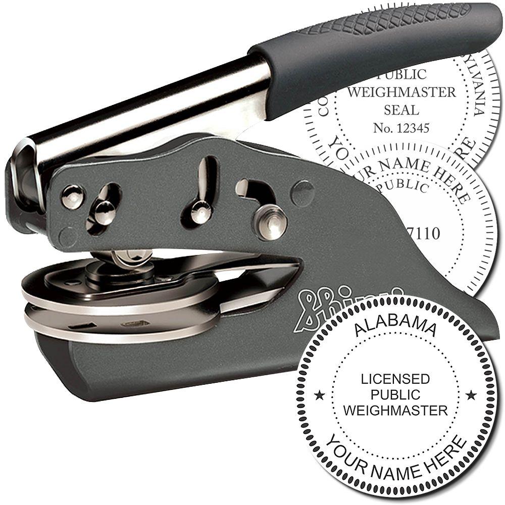 Alabama licensed public weighmaster seal embosser with custom name plate and heavy-duty handheld design.
