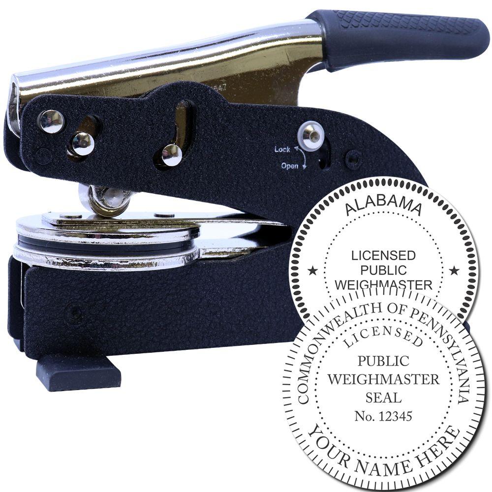 Manual embosser stamp with Alabama and Pennsylvania Licensed Public Weighmaster seal impressions for official document authentication
