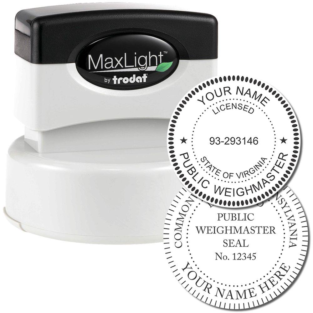 MaxLight by Trodat self-inking Public Weighmaster seal stamp with custom license number design.