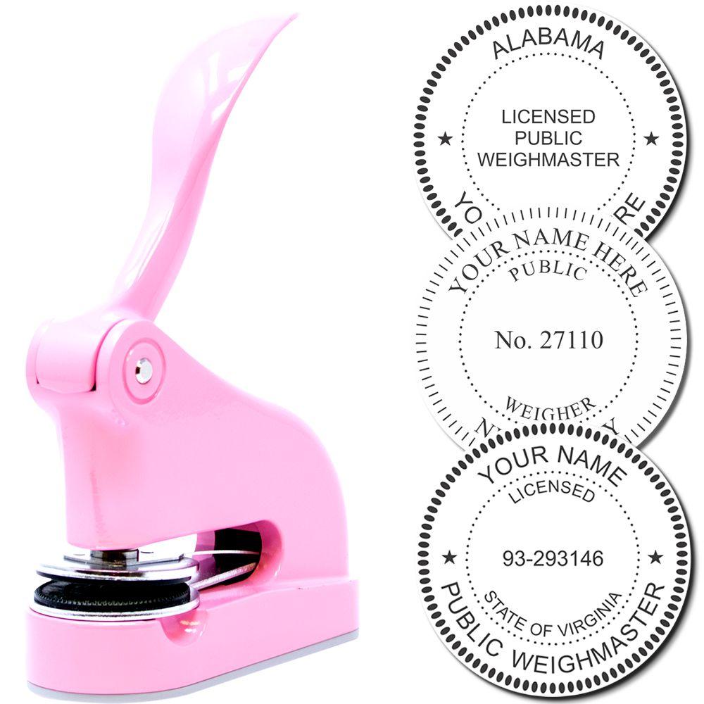 Pink self-inking custom round stamp with sample Alabama and Virginia licensed public weighmaster seal impressions.
