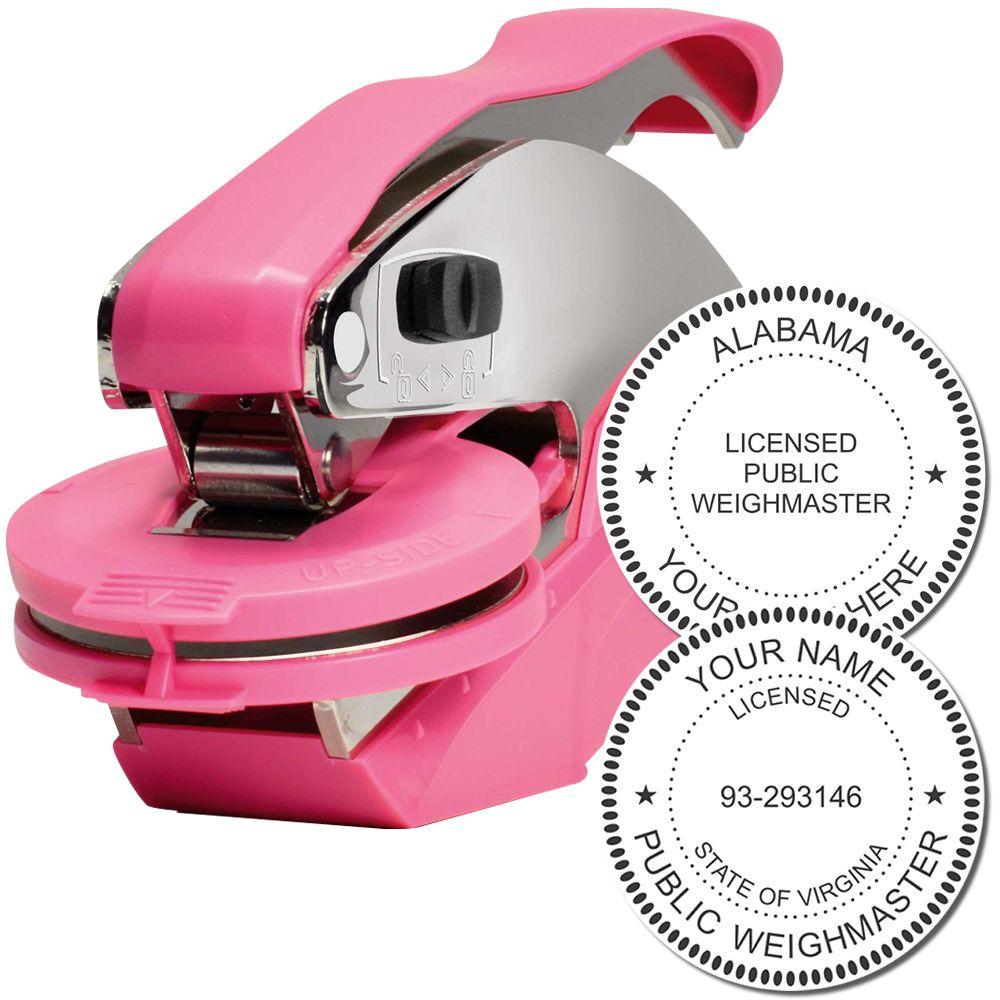 Pink custom embossing seal stamp with licensed public weighmaster imprint samples for Alabama and Virginia.