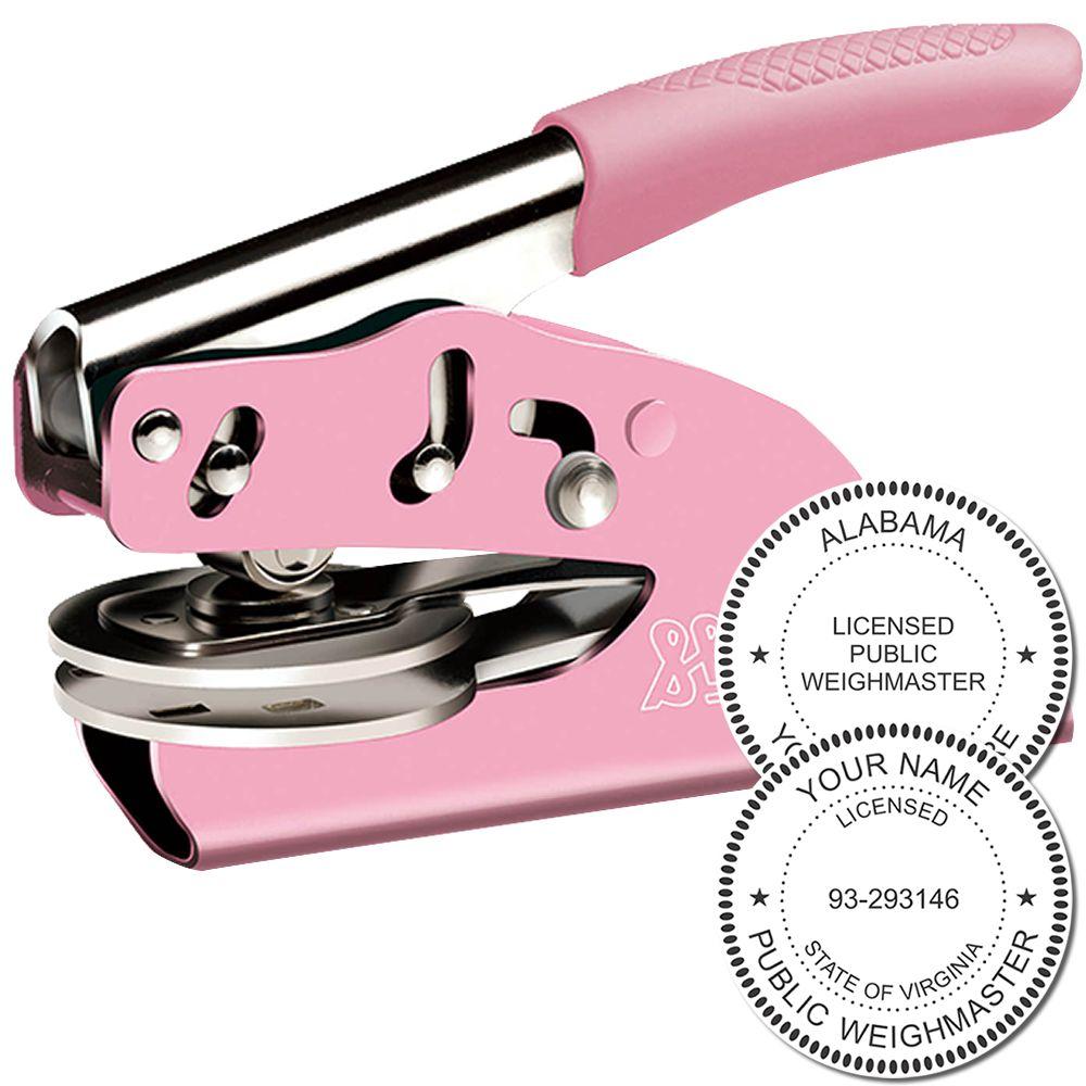 Pink personalized public weighmaster embosser stamp with custom Alabama and Virginia license seal examples.