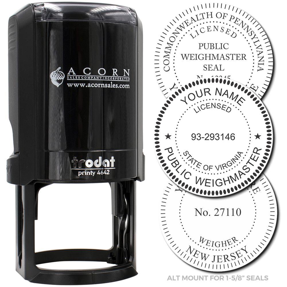 Black Trodat Printy 4642 self-inking stamp with custom licensed public weighmaster seal impressions for Pennsylvania, Virginia and New Jersey.