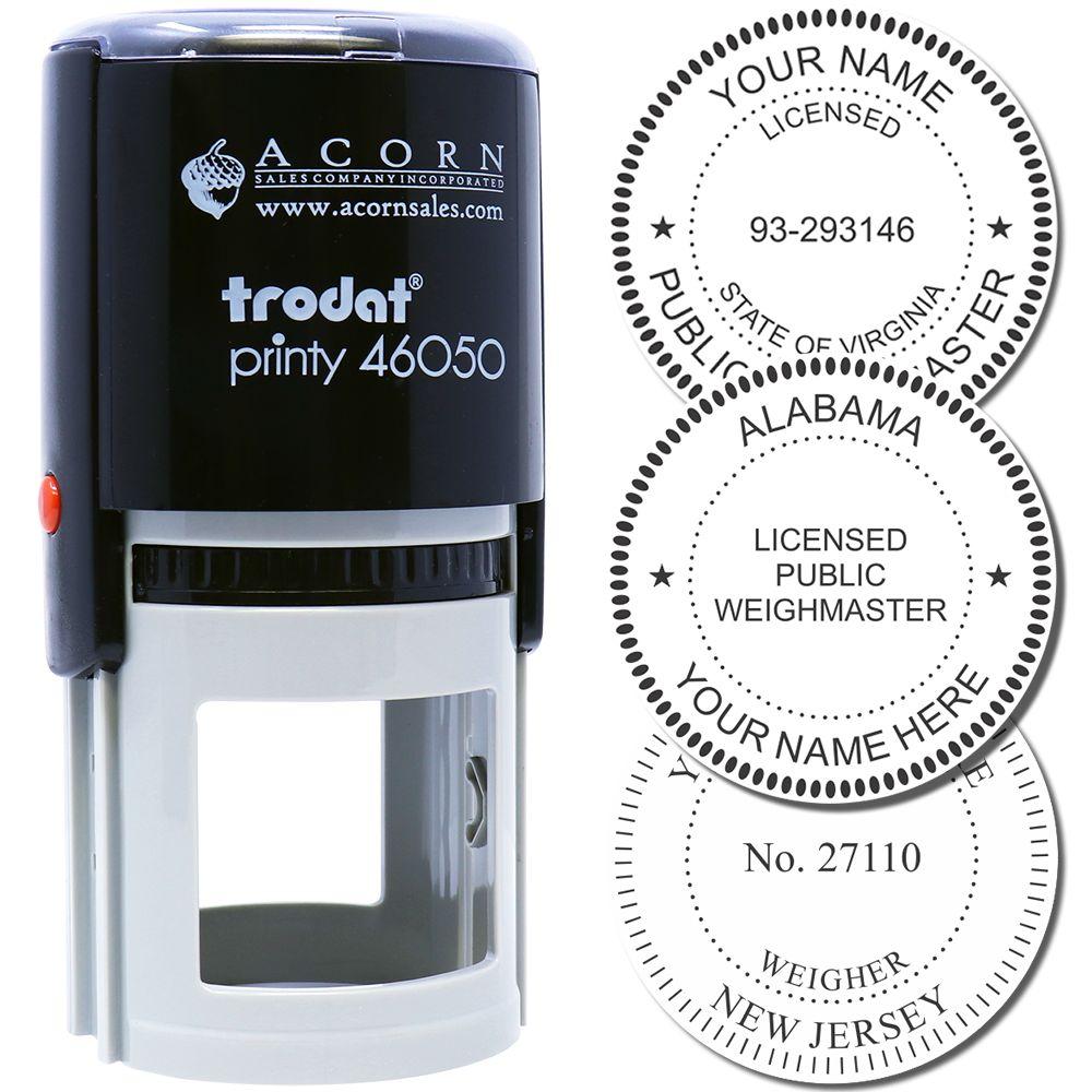 Trodat Printy 46050 self-inking stamp with custom circular professional license seals for public weighmaster, notary, and state certifications