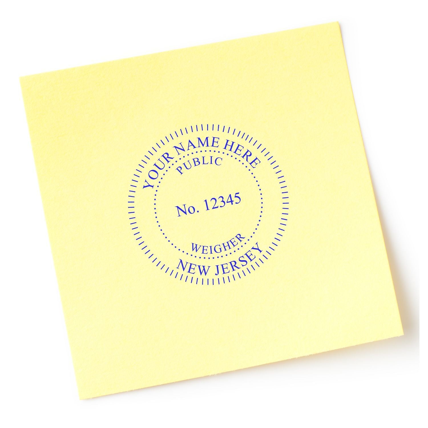 Yellow custom embossed seal stamp design on paper reading Your Name Here Public Weigher New Jersey No. 12345