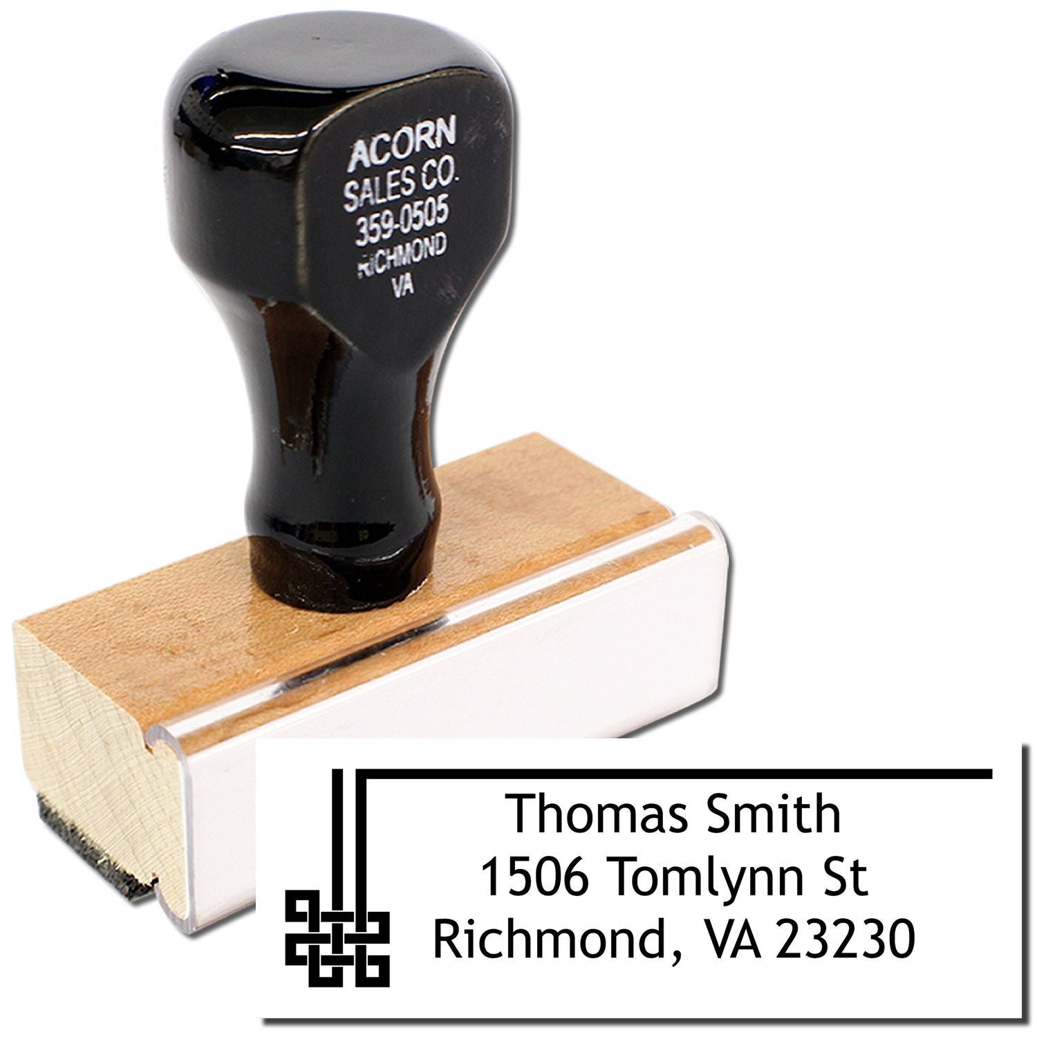 Personalized custom address rubber stamp for return mail, featuring Thomas Smith name and Richmond, VA address.