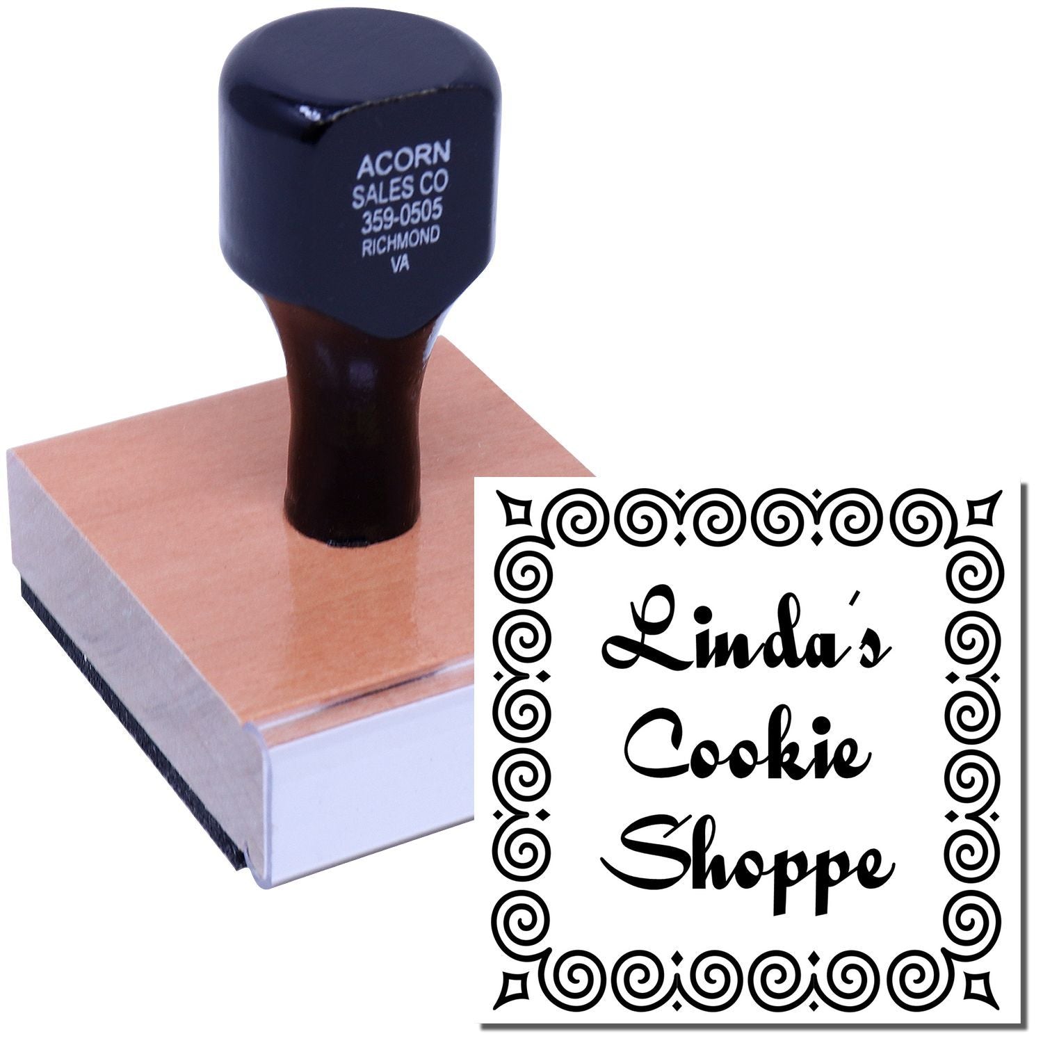 Custom bakery rubber stamp for Lindas Cookie Shoppe with decorative border, ideal for branding bags, boxes, and packaging.