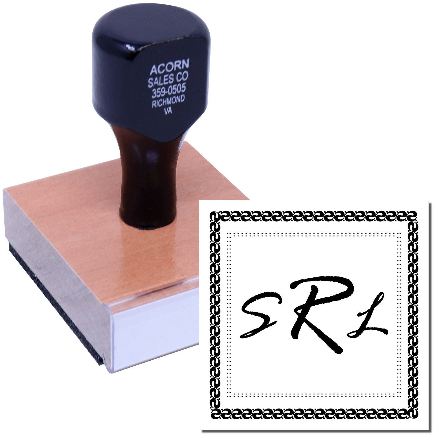 Custom wood handle rubber stamp with monogram design, ideal for business branding, stationery, and personalized marking.