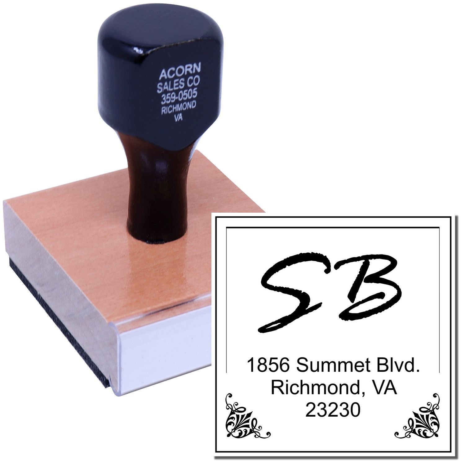 Custom address rubber stamp for Richmond, VA 23230 with decorative initials and return address design.