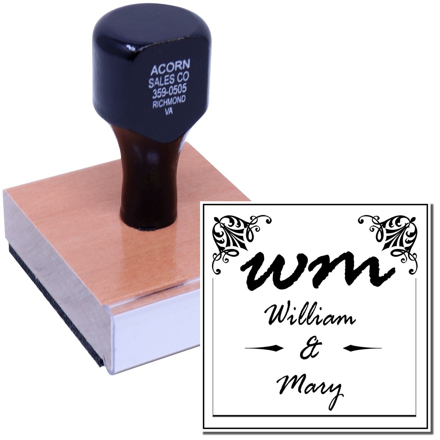 Custom self-inking rubber stamp with personalized wedding monogram, ideal for invitations, envelopes, and stationery.