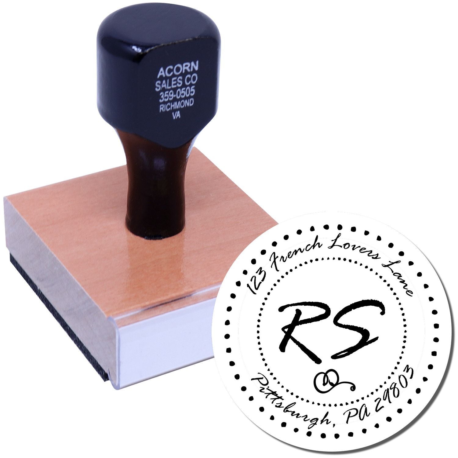 Custom rubber stamp with circular monogram return address imprint for weddings and business mail.