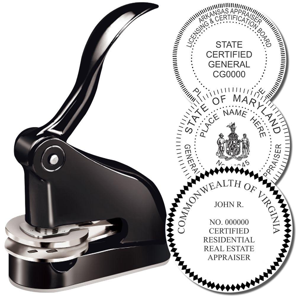 Black professional embossing seal stamp with state certified real estate appraiser seals for Arkansas, Maryland, and Virginia.