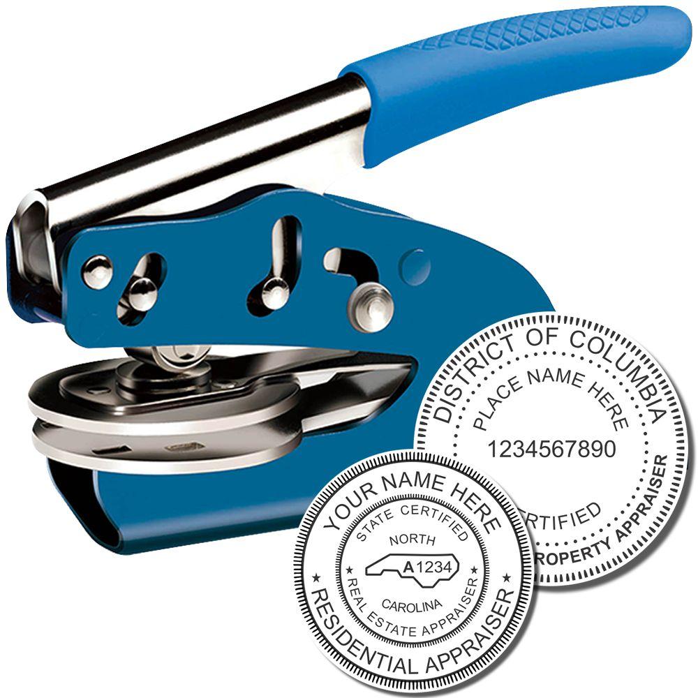 Blue custom embossing seal press for professional property appraiser and notary certification stamps.
