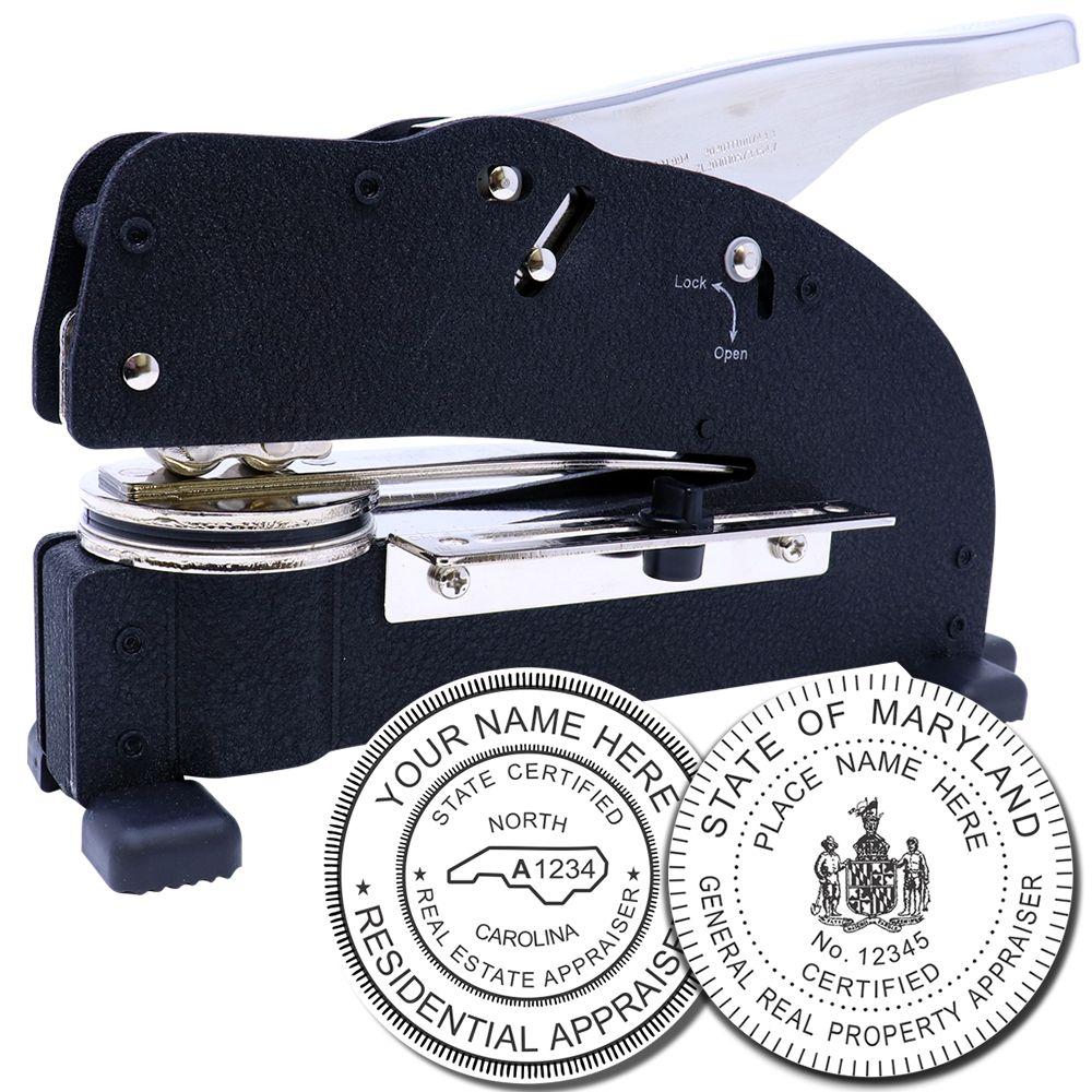 Custom embosser seal press for real estate appraisers with North Carolina and Maryland certification seals, professional appraisal stamp tool.