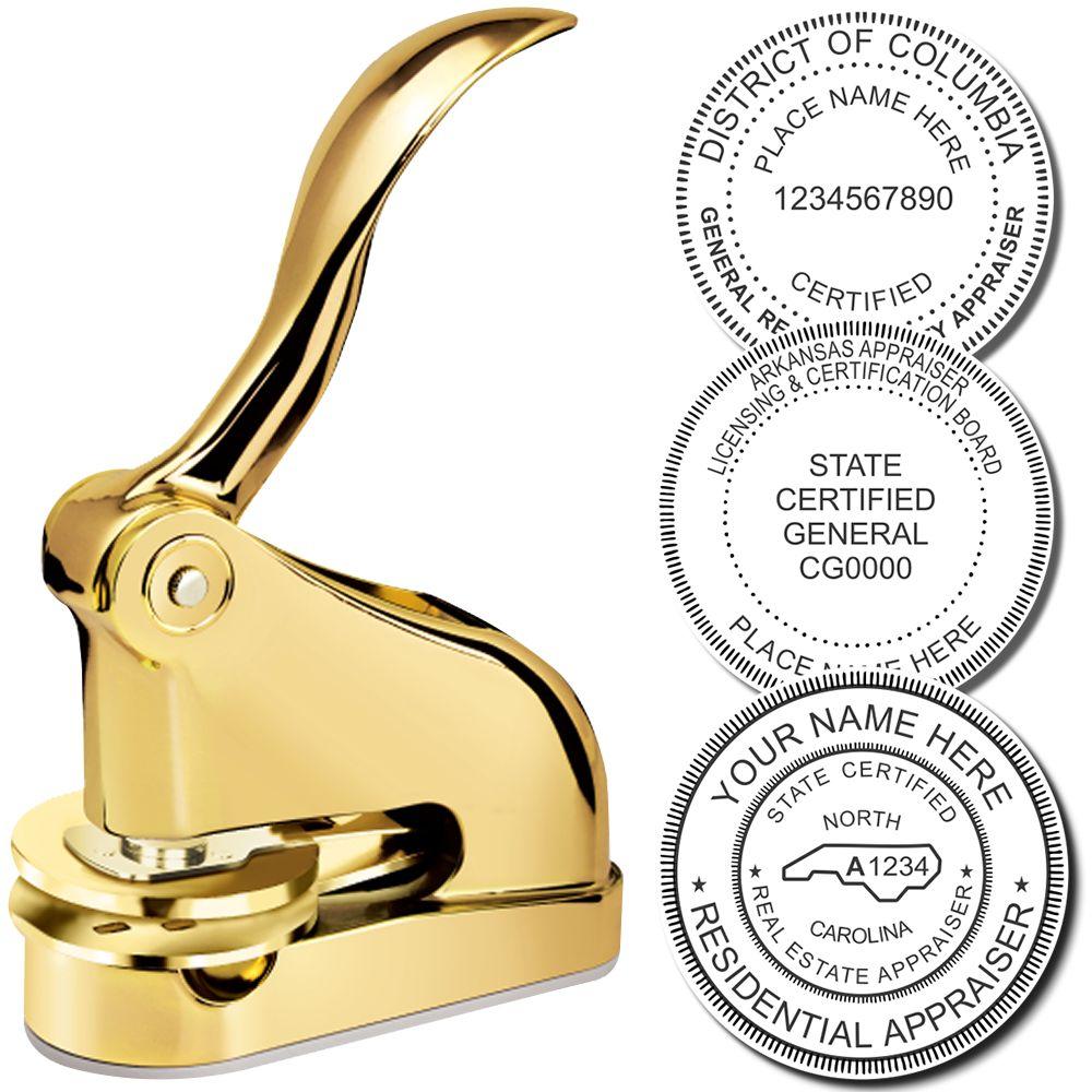 Gold handheld embosser stamp with custom real estate appraiser certification seals and round stamp impressions.