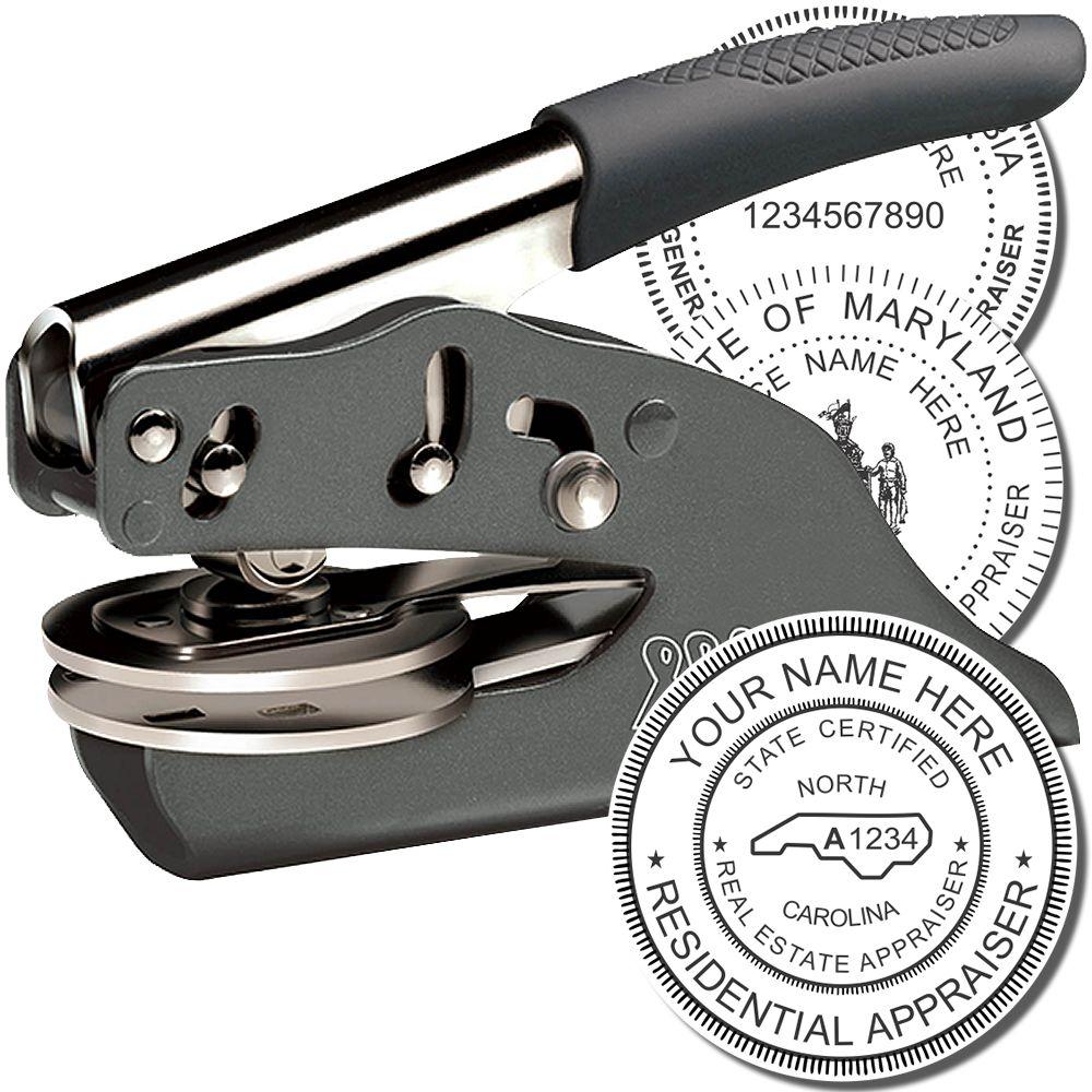 Custom real estate appraisal embosser stamp with Maryland-style seal impressions and ergonomic handle