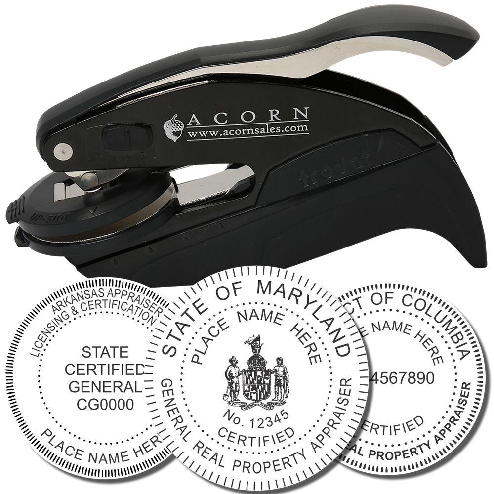 Black self-inking embossing seal stamp for certified real estate appraisers with custom state appraisal seals