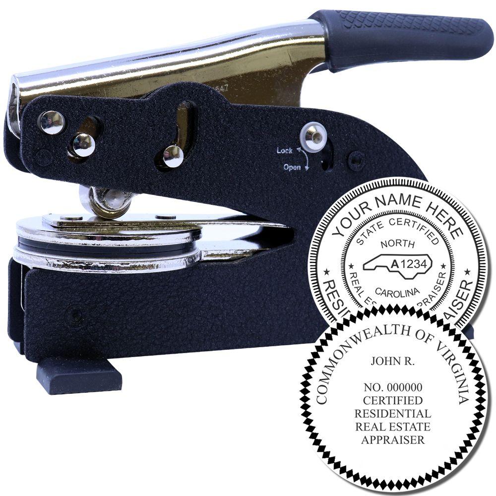 Handheld embossing seal press with custom real estate appraiser certification seals for North Carolina and Virginia.