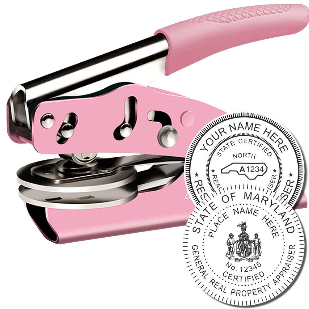 Pink custom notary embossing seal stamp with state certification and property appraiser seal design.