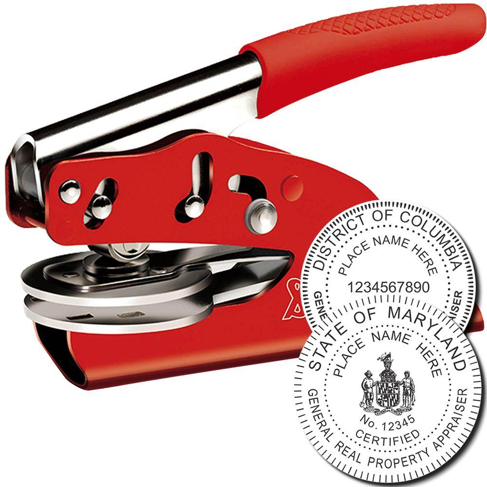 Red self-inking embossing stamp with District of Columbia and Maryland certified seal design for official document authentication