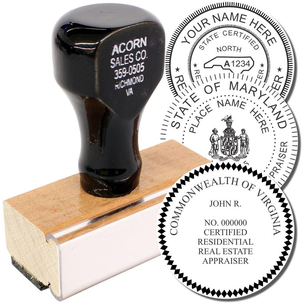 Custom rubber stamp with state certified residential real estate appraiser seals for Maryland and Virginia.