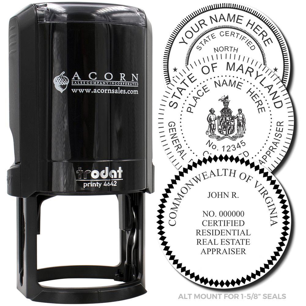 Black self-inking seal embosser with custom state-certified real estate appraisal seals for Maryland and Virginia.